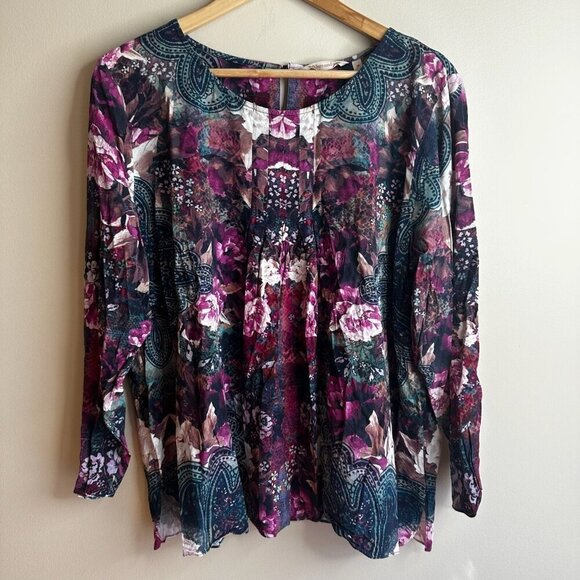 Soft Surroundings Blouse Top Womens 1X Purple Pleated Floral Cottagecore Boho - Picture 1 of 12